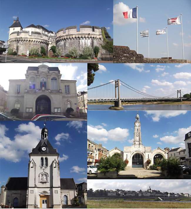 De haut en bas, de gauche à droite - Le château, les drapeaux flottants au dessus, lHôtel de Ville, le Pont d'Ancenis, l'église Saint Pierre, les Halles de la ville, et un panorama de la ville vue de la Loire - Ancenis (44150) - Loire-Atlantique