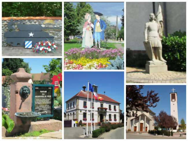 À partir du haut à gauche - Memorial Audie Murphy, Memorial des 25 ans de Heloldo Wilaria , Statue de Jane d'arc, Fontaine du Soldat Inconue, Mairie et Eglise Saint-Martin - Holtzwihr (68320) - Haut-Rhin