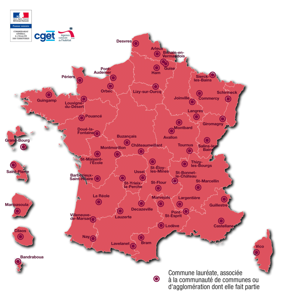 Carte des lauréats de l’appel à manifestation d’intérêt Centres-bourgs - Crédits CGET Fonds cartographiques IGN GéoFla - tous droits réservés