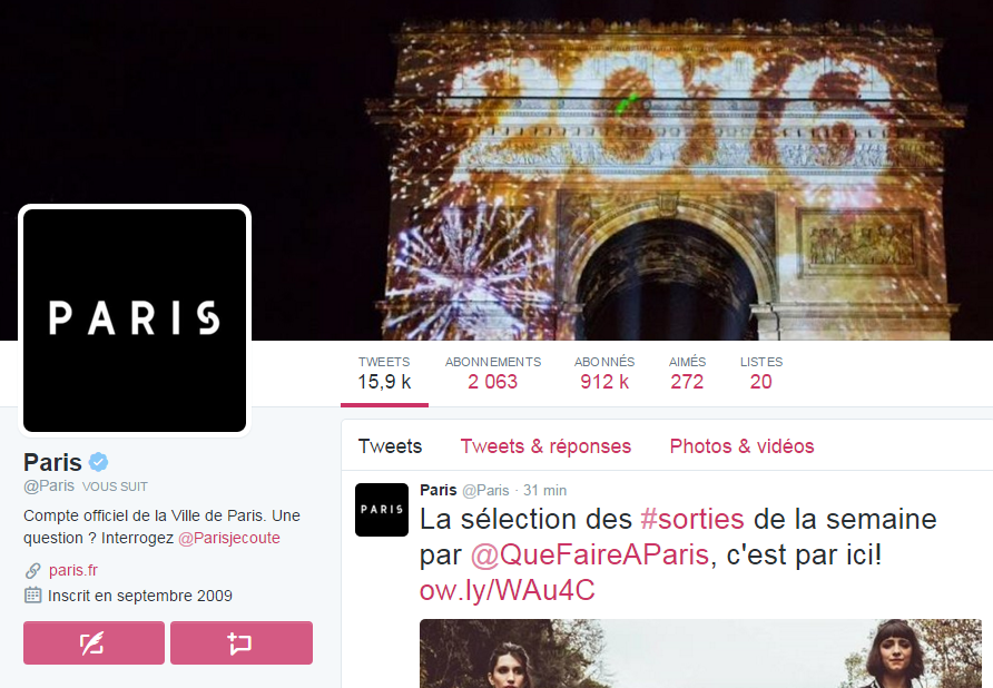 Les 100 villes d'IledeFrance les plus suivies sur Twitter au 4