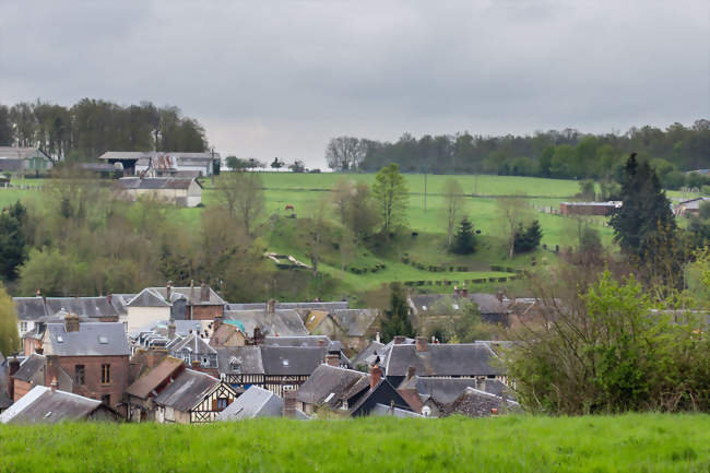 Vue de la motte féodale et des toits du bourg, en contrebas - Montreuil-l'Argillé (27390) - Eure