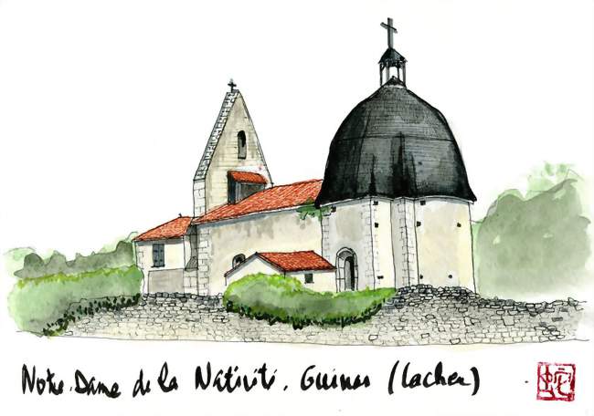 Aquarelle de l'église Notre-Dame de la Nativité à Guinas, dans la commune de Cachen - Cachen (40120) - Landes