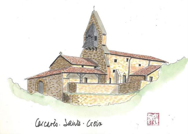 Aquarelle de l'église de Carcarès-Sainte-Croix - Carcarès-Sainte-Croix (40400) - Landes
