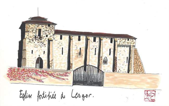 Aquarelle de l'église fortifiée de Lesgor - Lesgor (40400) - Landes