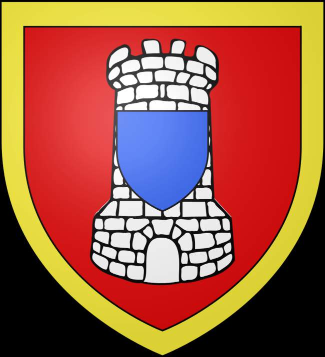 Blason de la commune - De gueules à la tour dargent maçonnée de sable, chargée en abîme dun écusson dazur, à la bordure dor - Leyr (54760) - Meurthe-et-Moselle