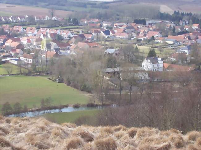 Vue sur Elnes (bourg avec l'église, le château) depuis les coteaux, mars 2010 - Elnes (62380) - Pas-de-Calais