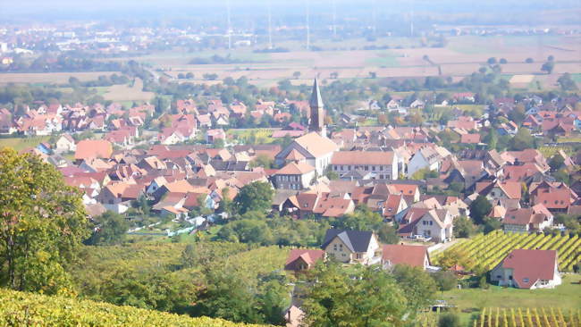 Vue sur Kintzheim depuis le château ; au loin, les pylônes-émetteurs ondes moyennes TDF de Sélestat - Kintzheim (67600) - Bas-Rhin