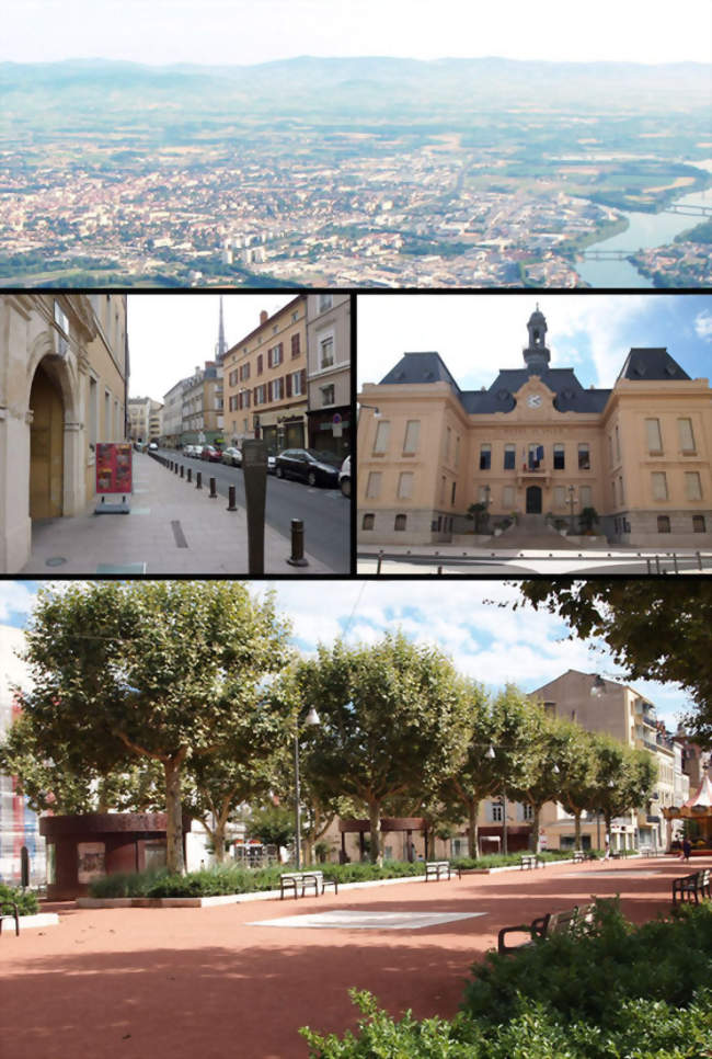 En haut Villefranche vue du sud, à gauche la rue de la Sous-préfecture, à droite l'Hôtel de ville, en bas la place des Arts - Villefranche-sur-Saône (69400) - Rhône