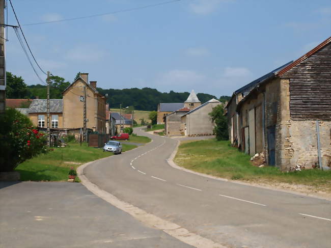 La rue principale du village La mairie est le premier bâtiment à gauche ; l'église est au loin - Verrières (08390) - Ardennes