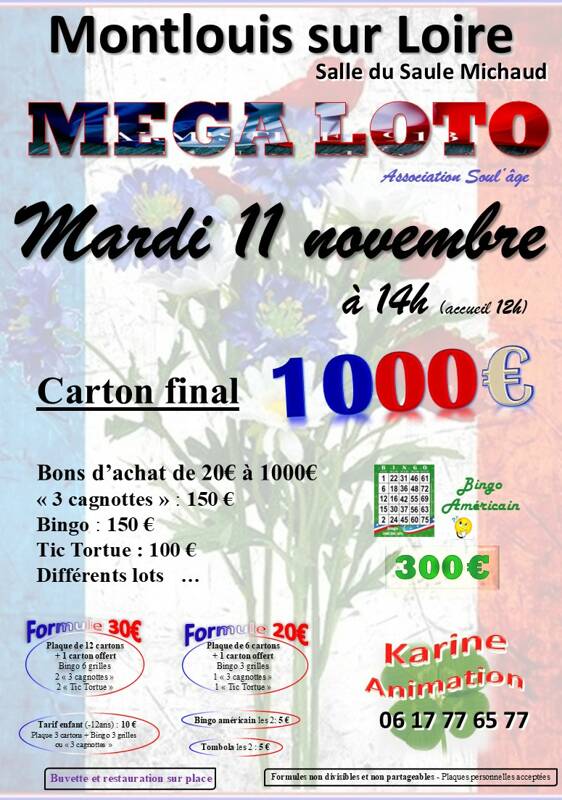 Méga LOTO Mardi 11 novembre à 14h. Final 1000€. Animé par Karine