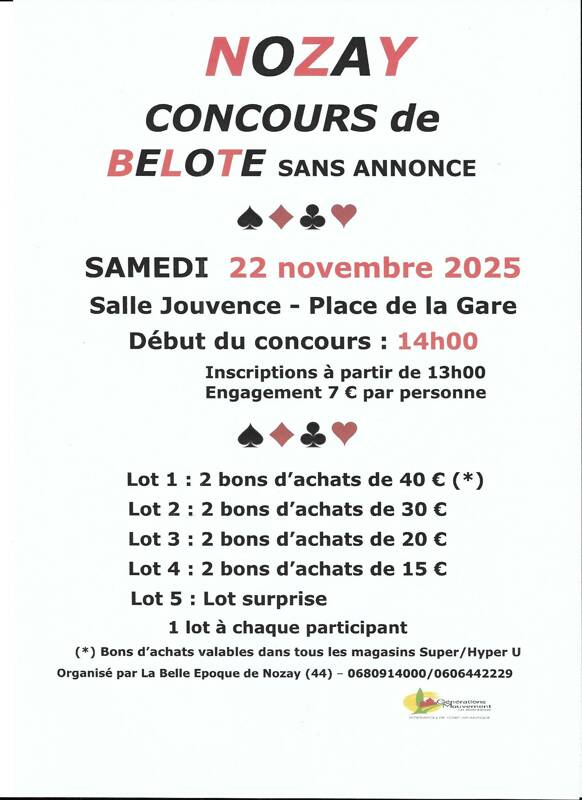 Concours de belote sans annonce à Nozay le 22/11/2025