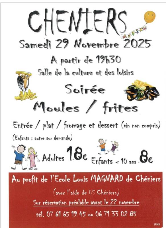 Soirée moules/frites au profit de l'école de Chéniers