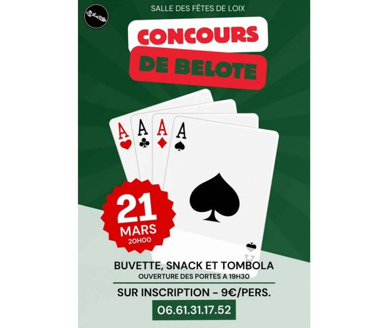 Concours belote 21 mars 20h salle des fêtes loix