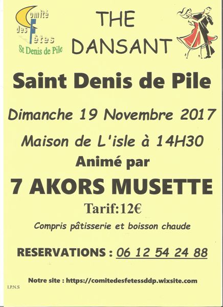THÉ DANSANT  le dimanche 19 Novembre  2017
