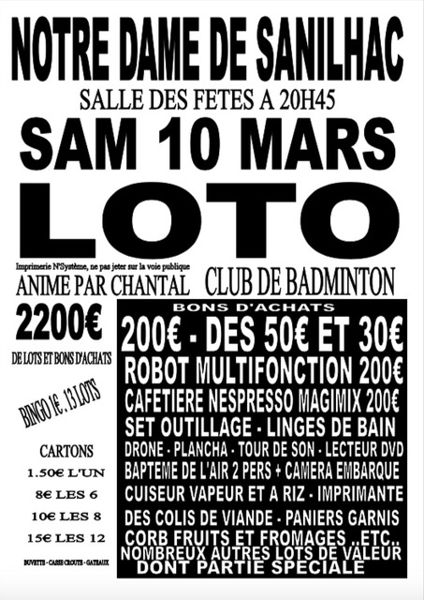 Loto du club de badminton de Notre-Dame-de-Sanilhac