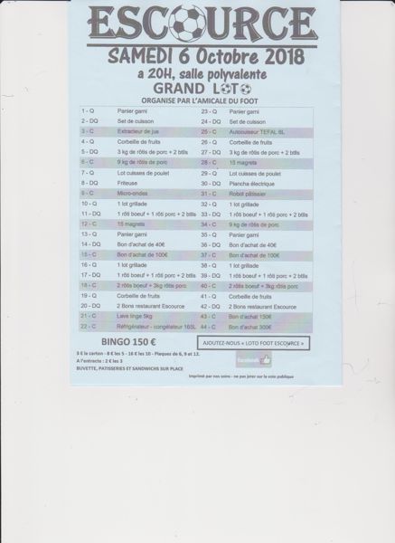 SUPER LOTO DE L AMICALE FOOT D ESCOURCE