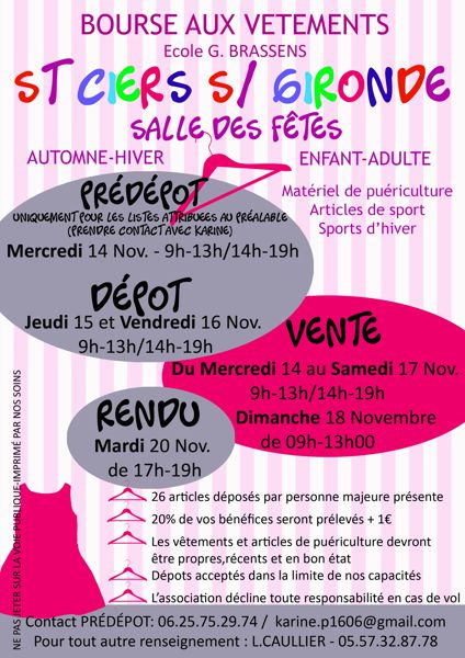 Bourse aux vêtement automne/hiver du 14 au 18 novembre à la salle des fêtes de Saint <Ciers sur Gironde