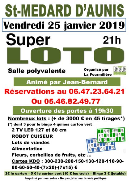 Super Loto à SAINT MEDARD D'AUNIS 21h00 salle polyvalente