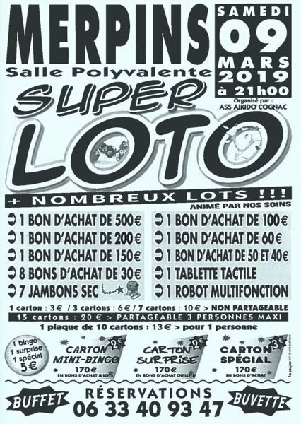 SUPER LOTO à MERPINS (Salle Polyvalente) Samedi 9 mars !