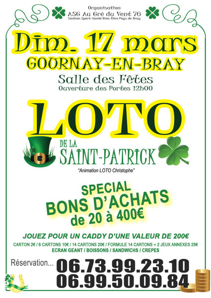 Loto de la Saint Patrick organise par ASG Au gré du vent 76