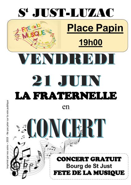 Concert Fête de la musique St Just Luzac Pl Papin 19h00