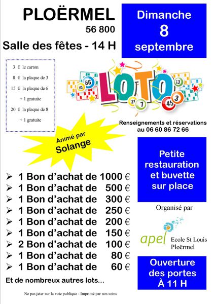 Loto organisé par l'école Saint-Louis, animé par Solange le dimanche 08 septembre 2019.