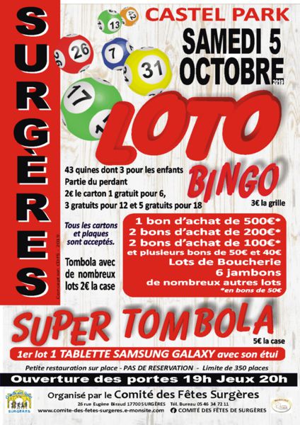 LOTO BINGO SUPER TOMBOLA - Surgères (17700) - Jeux de hasard - Loto