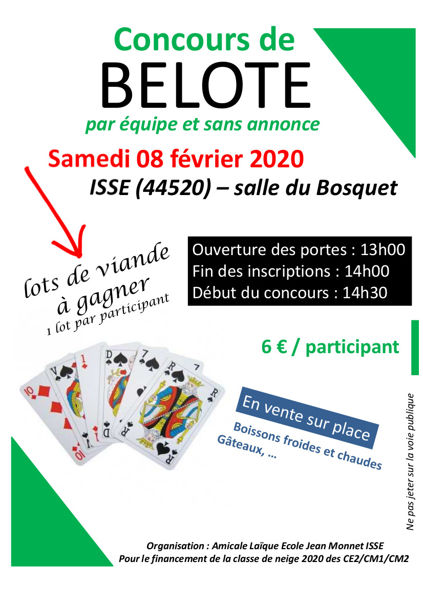 Concours Belote par équipe sans annonce, samedi 08/02 à Issé