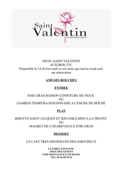 Menu de saint Valentin