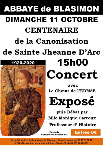 Centenaire de la canonisation de Sainte Jeanne d'Arc concert et conférence Abbaye de Blasimon