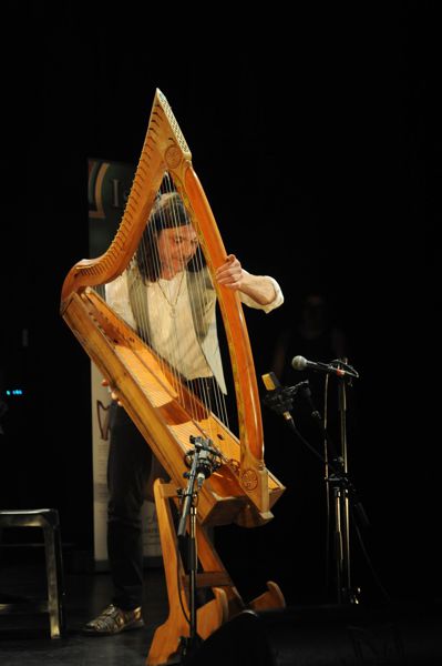Christophe GUILLEMOT joue sur les harpes qu'il a fabriqué à l'abbaye de Paimpont