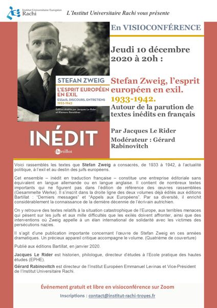 Visio-conférence : Stefan Zweig, l’esprit européen en exil. 1933-1942. Autour de la parution de textes inédits en français