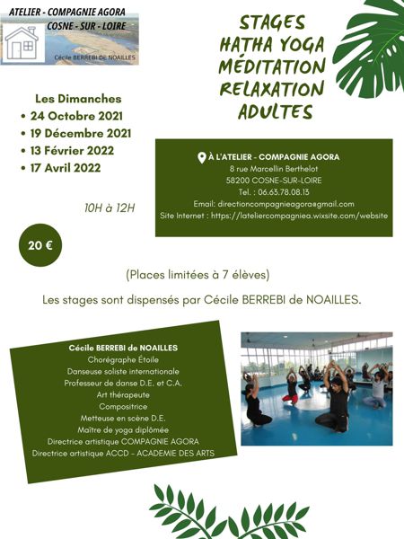 Stages adultes Hatha yoga, méditation et relaxation à L'ATELIER-COMPAGNIE AGORA