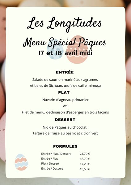 Menu de Pâques au restaurant Les Longitudes