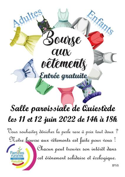 Bourse aux vêtements à la salle paroissiale de Quiestède les 11 et 12 juin après-midi ENTREE GRATUITE