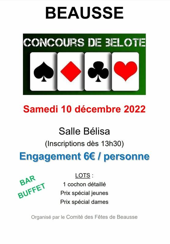 Concours de Belote à Beausse ( 49410) le Samedi 10 Décembre 2022