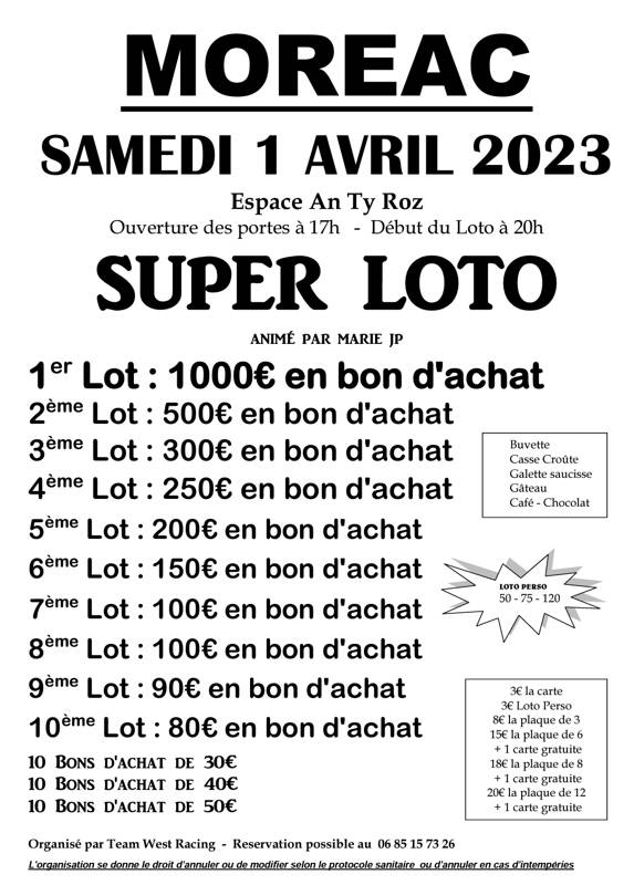 SUPER LOTO Samedi 1 Avril 2023 à MOREAC à 20h