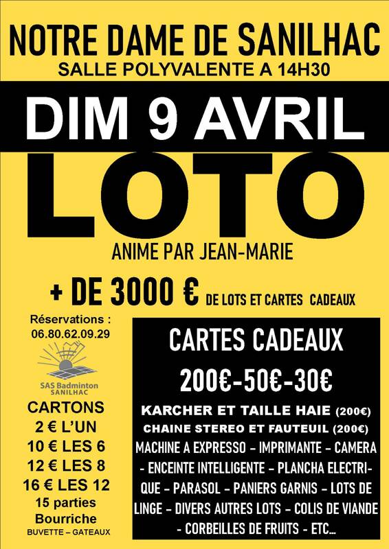 Loto animé par Jean-Marie le dimanche 09 avril 2023 à 14h30