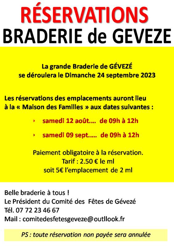 Réservations 31ème Braderie à GEVEZE