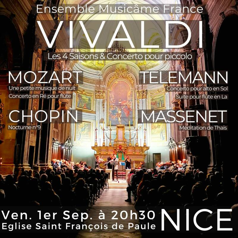 Concert à Nice : Les 4 Saisons de Vivaldi, Concerto pour flûte de Mozart, Méditation de Thaïs, Nocturne de Chopin, Telemann
