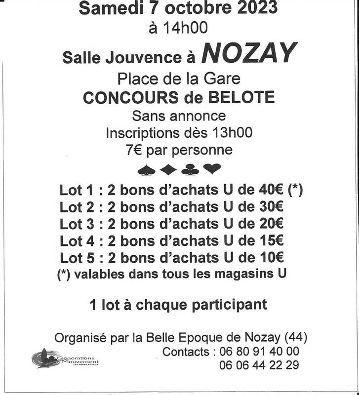 Concours de Belote sans annonce NOZAY (44) le 07/10/2023