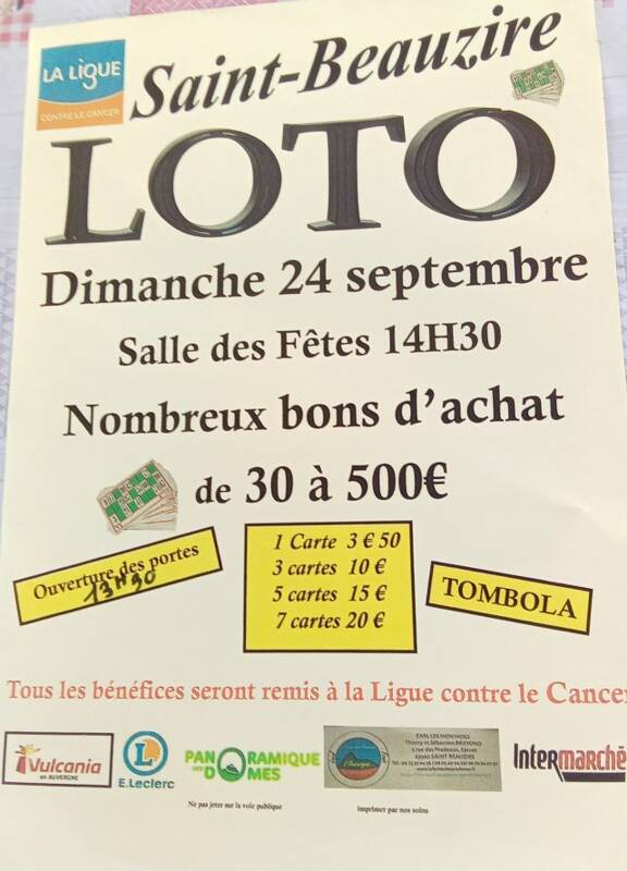 Grand loto solidaire à Saint-Beauzire dimanche 24 septembre