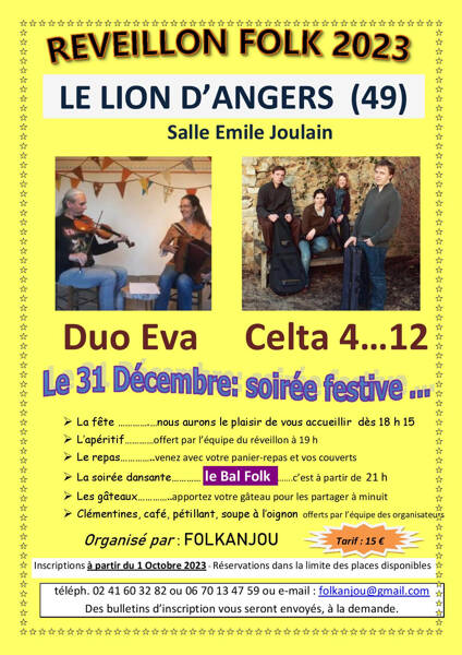 Réveillon Folk 2023 repas et dansant - salle Emile Joulain LE LION D'ANGERS (49)