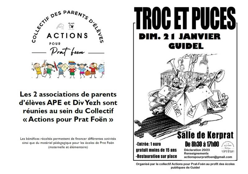 Troc et puces organisé par le collectif ‘Actions pour Prat-Foën’ (parents d'élèves) pour les écoles publiques de Guidel