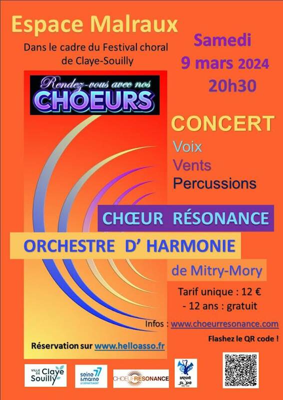 Concert « Voix, vents et percussions », présenté par le CHŒUR RÉSONANCE de Claye-Souilly et l’ORCHESTRE d’HARMONIE de Mitry-Mory