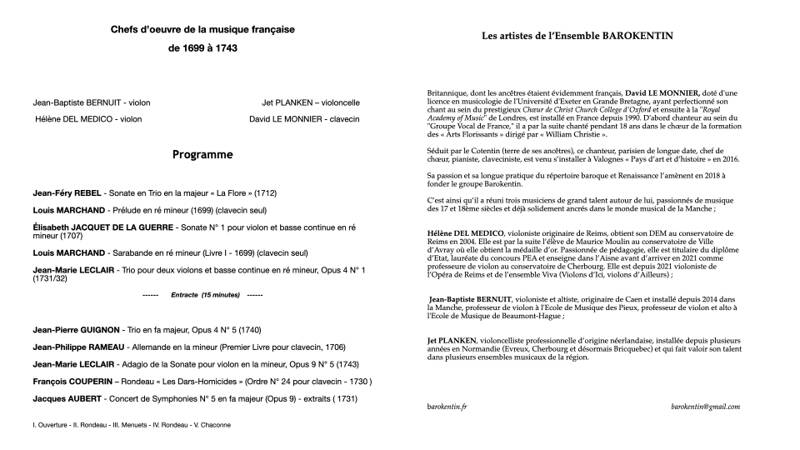 Concert de musique baroque avec l'Ensemble BAROKENTIN