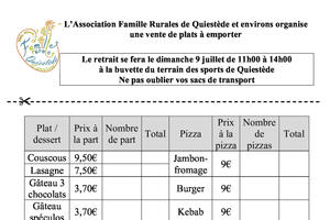 VENTE DE PLATS A EMPORTER QUIESTEDE LE 9 JUILLET 2023 DE 11H A 14H