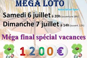 photo MEGA LOTO Carton Final spécial vacances 1200€. Bons Achat 20 à 200€. Bingo Américain été