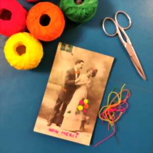 photo Atelier créatif : broderie sur cartes postales et photos